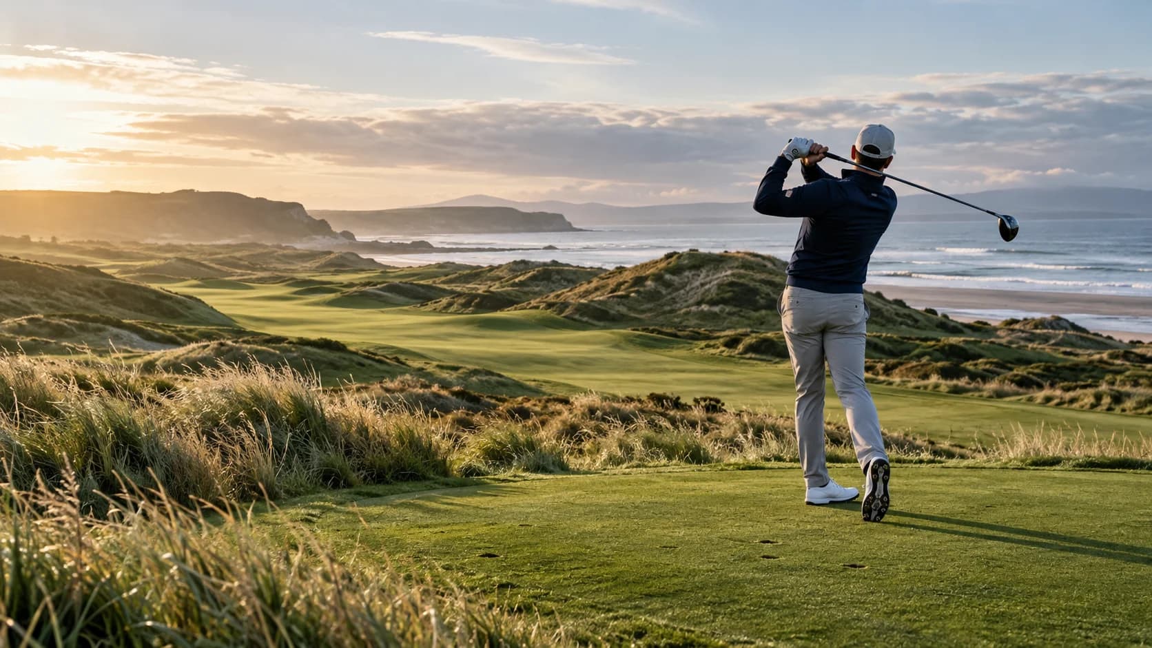 Golfer finishing a swing on a coastal links course