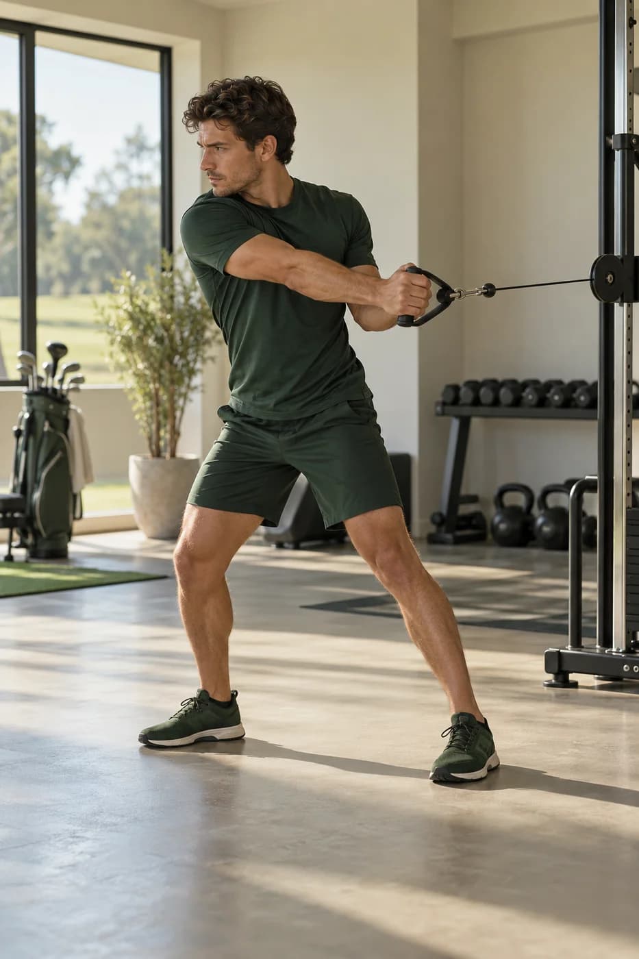 Golfer training rotational strength with a cable machine
